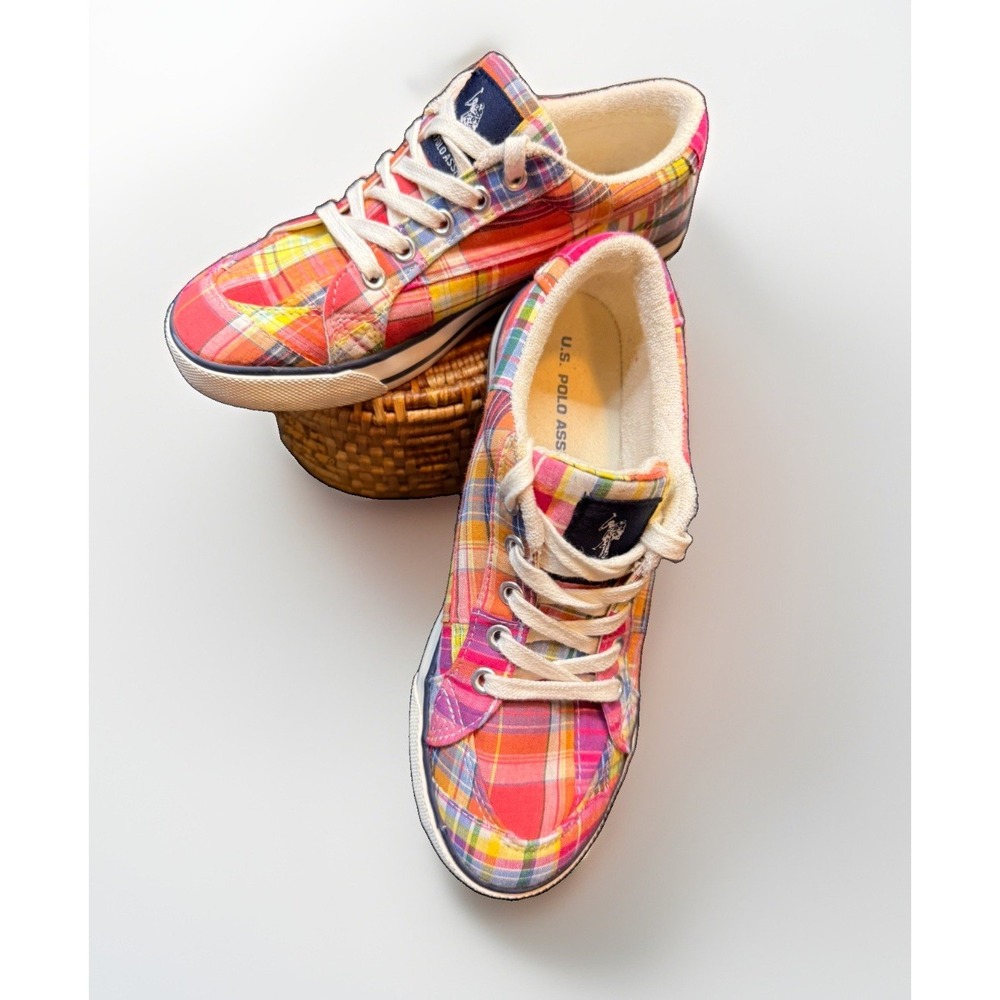 Polo Ralph Lauren Plaid Multicolor Sneakers Madras Pony Logo Size 7 Womens